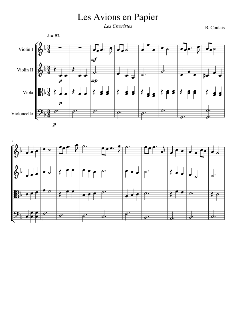 Les Avions en Papier Sheet music for Violin, Viola, Cello (String Quartet)  | Musescore.com