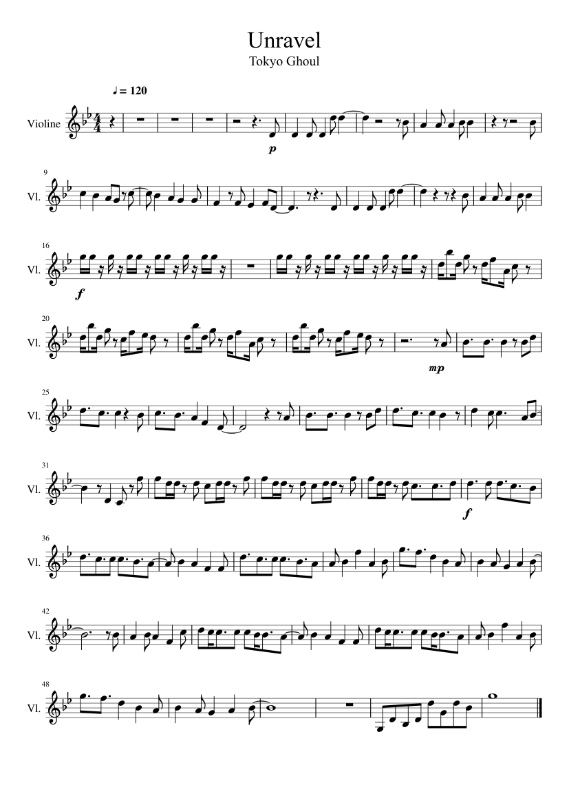 Unravel Tokyo Ghoul - Violin Part Only Sheet music for Piano, Violin (Solo)  | Musescore.com
