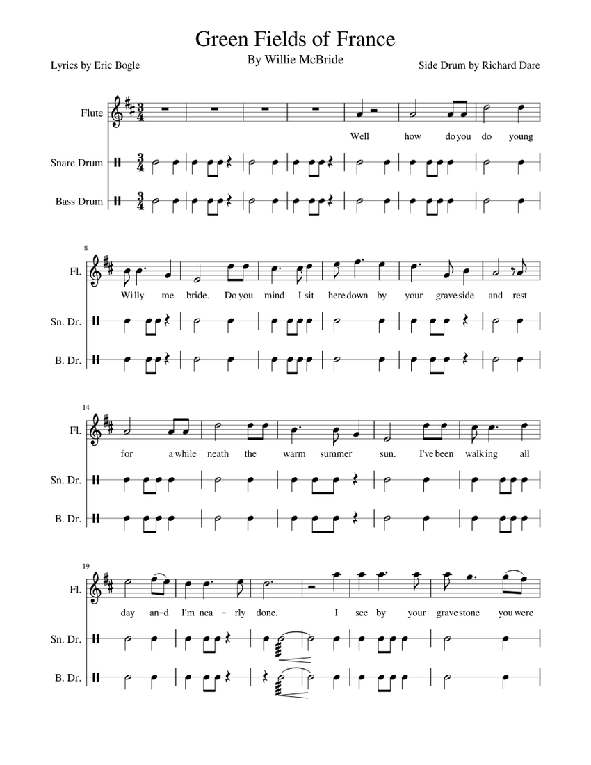 Green Fields Of France Ldy Acf Corps Of Drums Sheet Music For Flute Snare Drum Bass Drum Mixed Trio Musescore Com