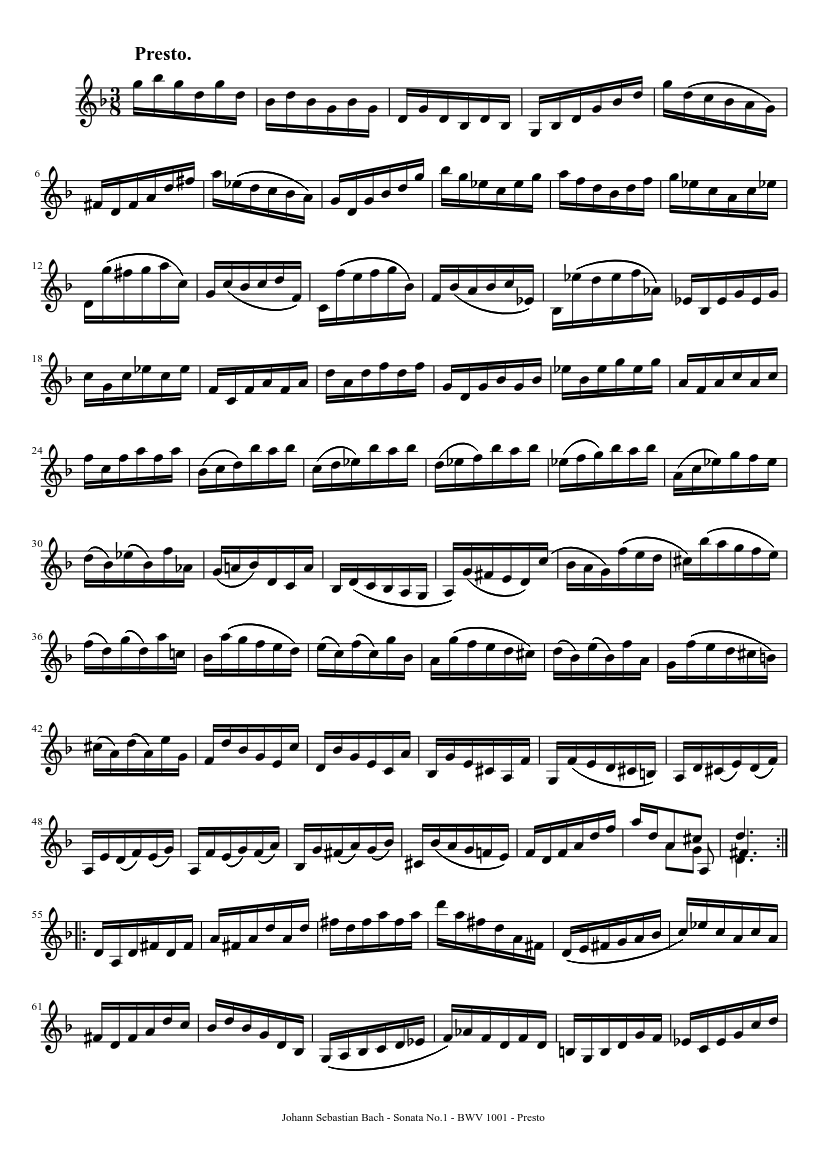 Bach - Sonata No. 1 in G minor - BWV 1001 - Presto Sheet music for Violin  (Solo) | Musescore.com
