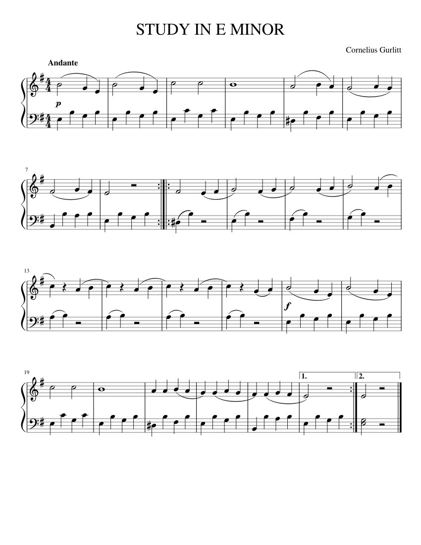 Study in E Minor - Gurlitt Sheet Music for Piano (Solo) easy ...