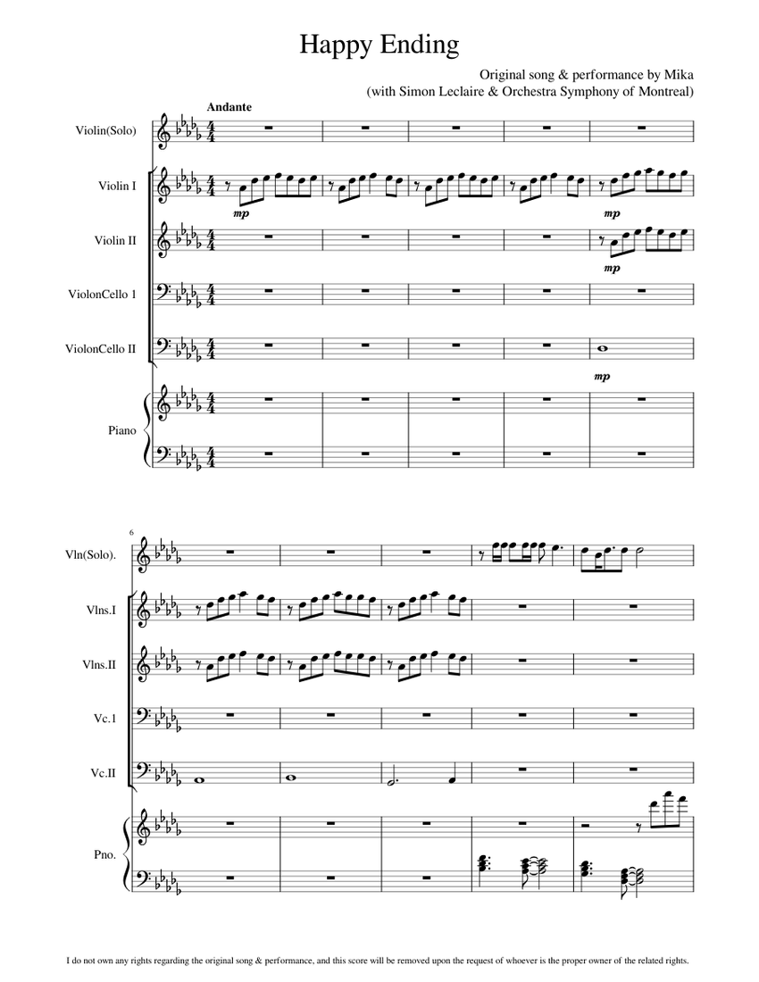 Happy Ending (original song by Mika) Sheet music for Piano, Violin, Cello,  Strings group (Piano Sextet) | Musescore.com