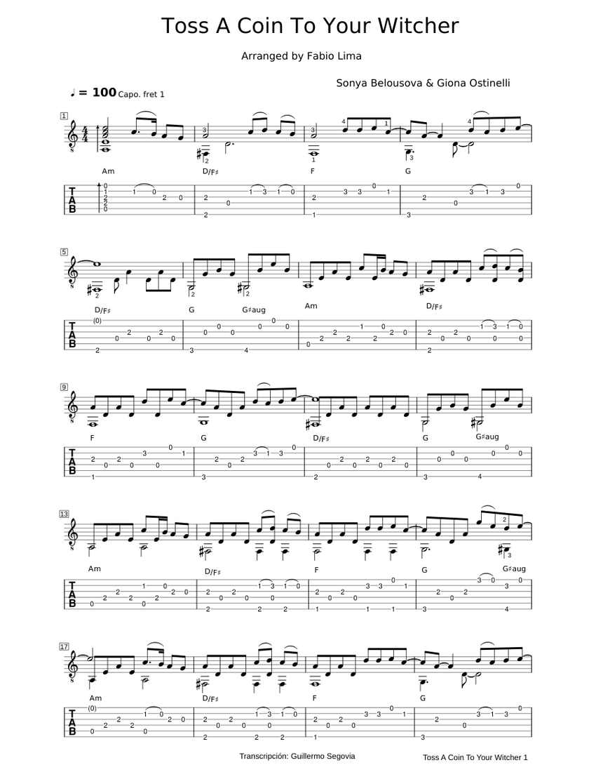 The Witcher - Toss a coin to your witcher - Arranged by Fabio Lima Sheet  music for Guitar (Solo) | Musescore.com