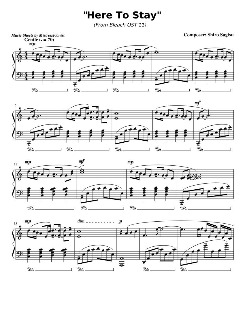 Here to Stay - Bleach (Piano Accompaniment) Sheet Music for Piano