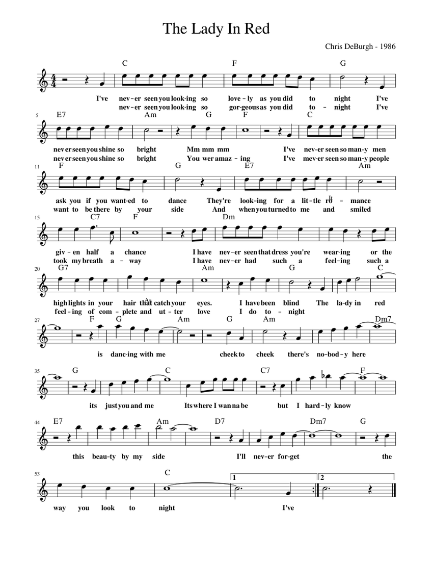 The Lady In Red (Leadsheet) Sheet music for Piano (Solo) | Musescore.com