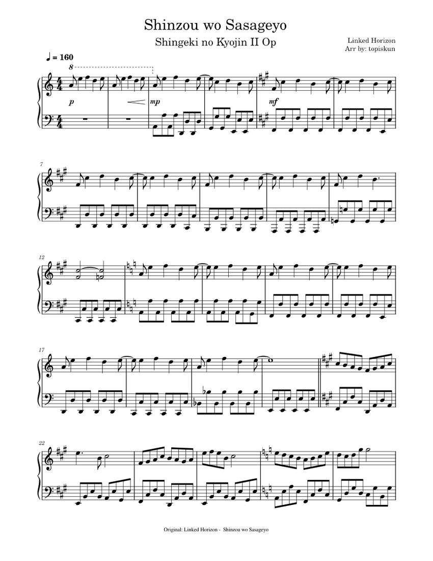 Shinzou Wo Sasageyo Piano Sheet Music For Piano Solo Musescore Com