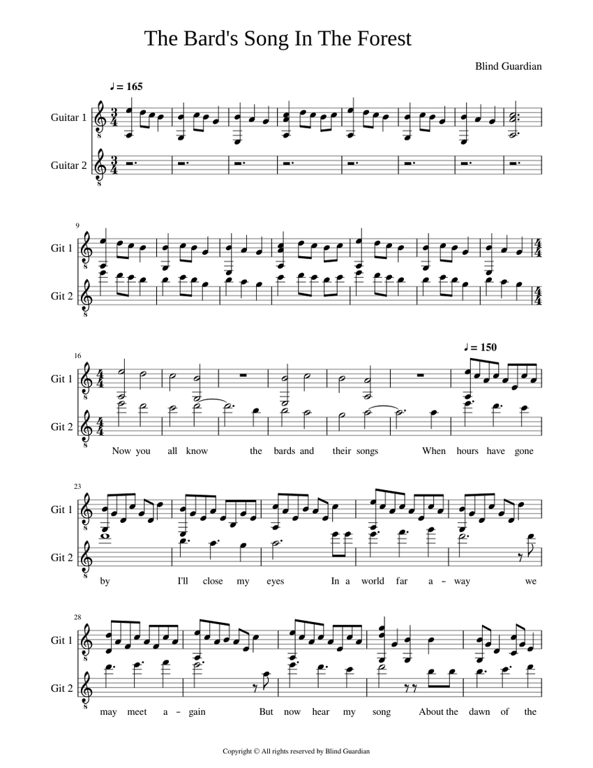 Blind Guardian: The Bard's Song In The Forest, for Guitar Duo Sheet music  for Guitar (Mixed Duet) | Musescore.com