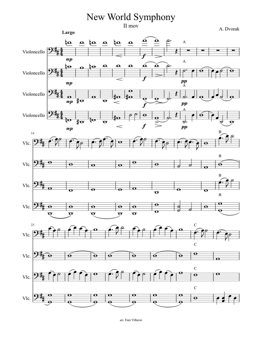 New World Symphony Sheet music for Cello (Mixed Quartet) | Musescore.com