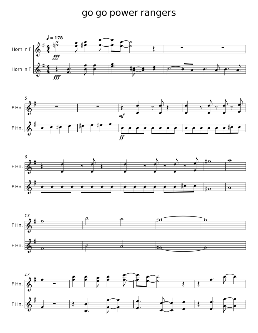 go go power rangers Sheet Music for French horn (Brass Duet ...