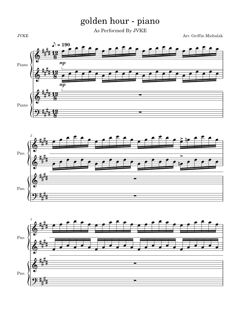 Golden hour – JVKE [Piano Only] Sheet music for Piano (Piano Four Hand