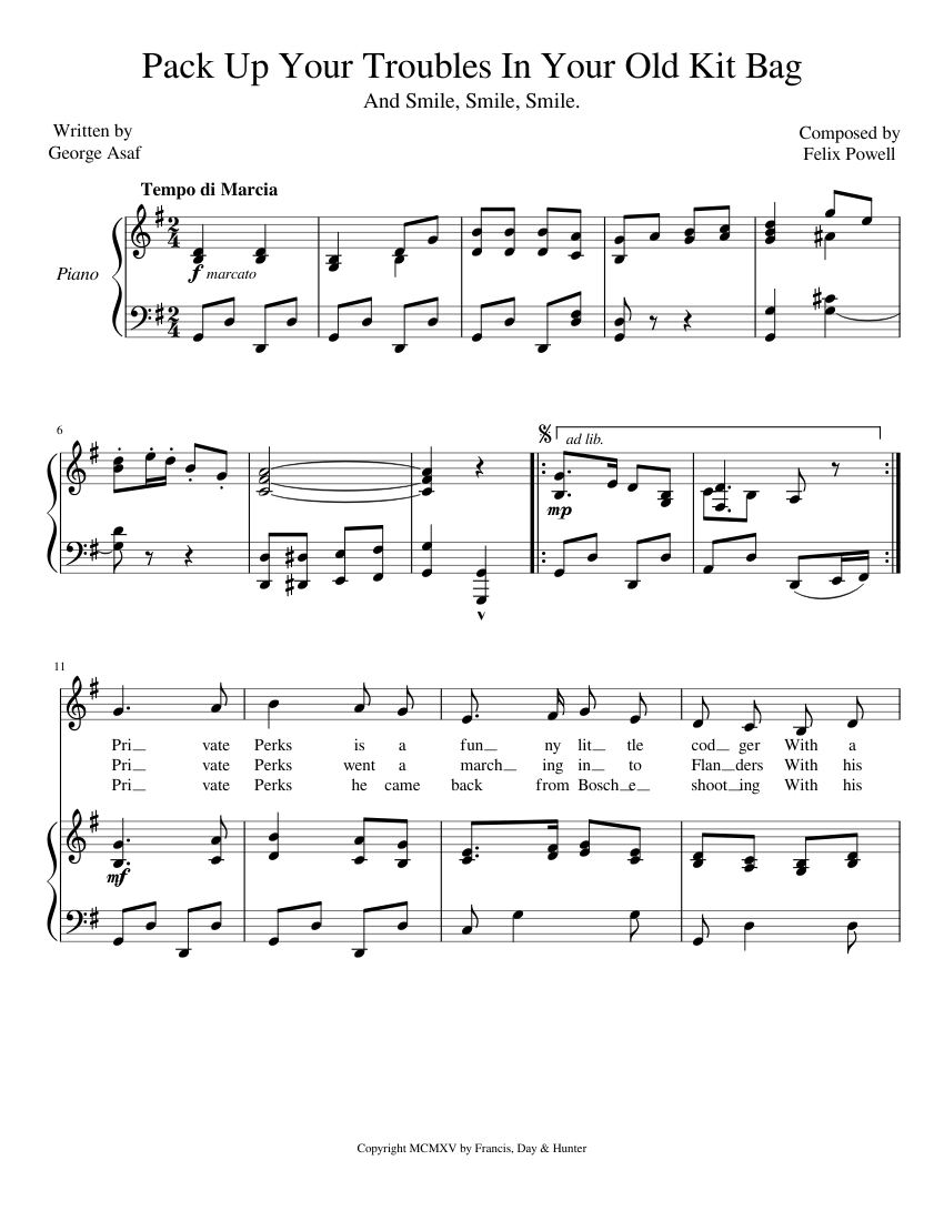 Pack Up Your Troubles In Your Old Kit Bag Sheet music for Piano, Vocals  (Piano-Voice) | Musescore.com