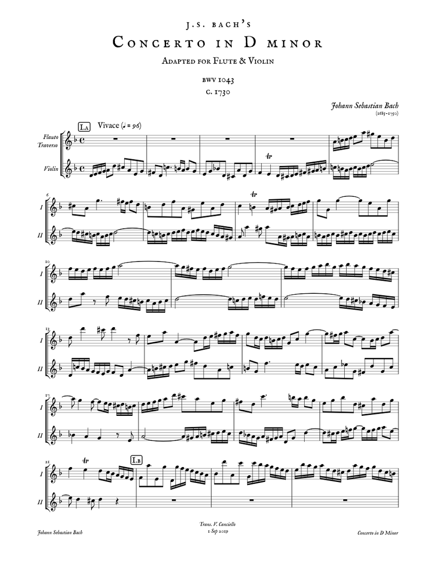 Bach's Double Concerto in D minor arranged for Flute & Violin Sheet music  for Flute, Violin (Mixed Duet) | Musescore.com