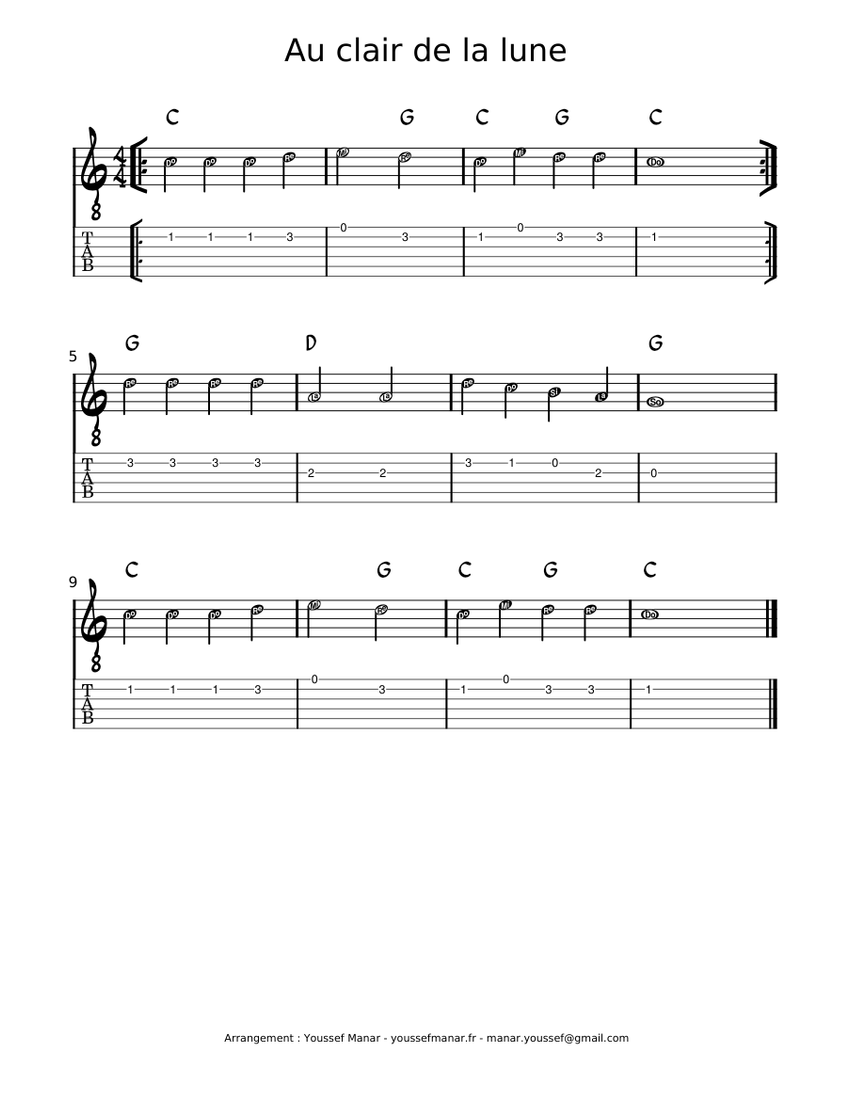 Au clair de la lune Sheet music for Guitar (Mixed Duet) | Musescore.com