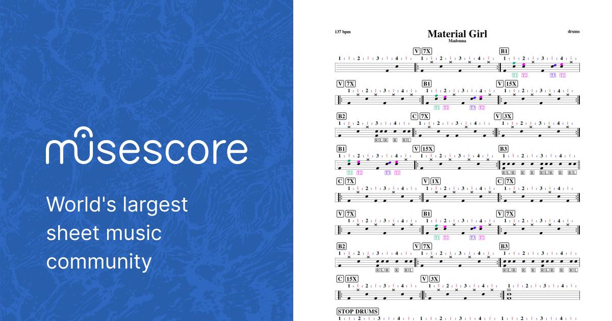 Material Girl - Madonna (Music Stand Version for Drums) Sheet music Guitar, Drum group (Mixed Musescore.com