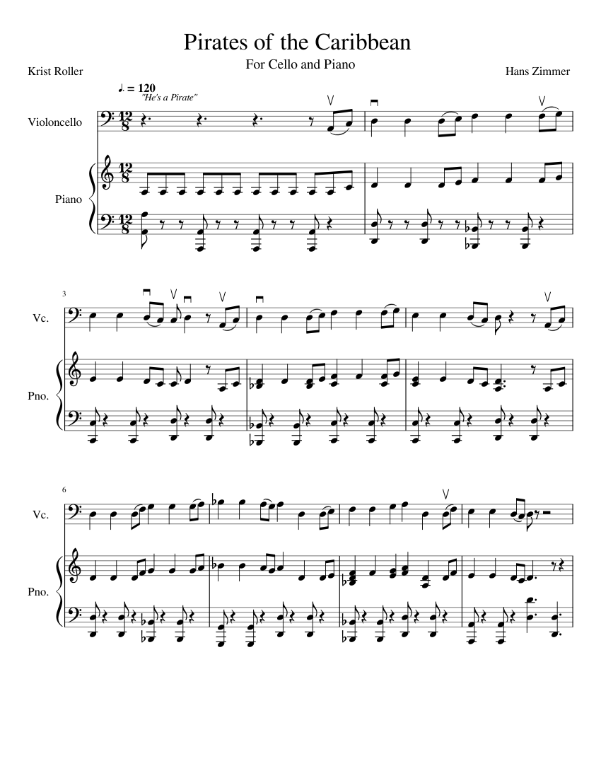 Pirates Of The Caribbean Sheet music for Piano, Cello (Solo