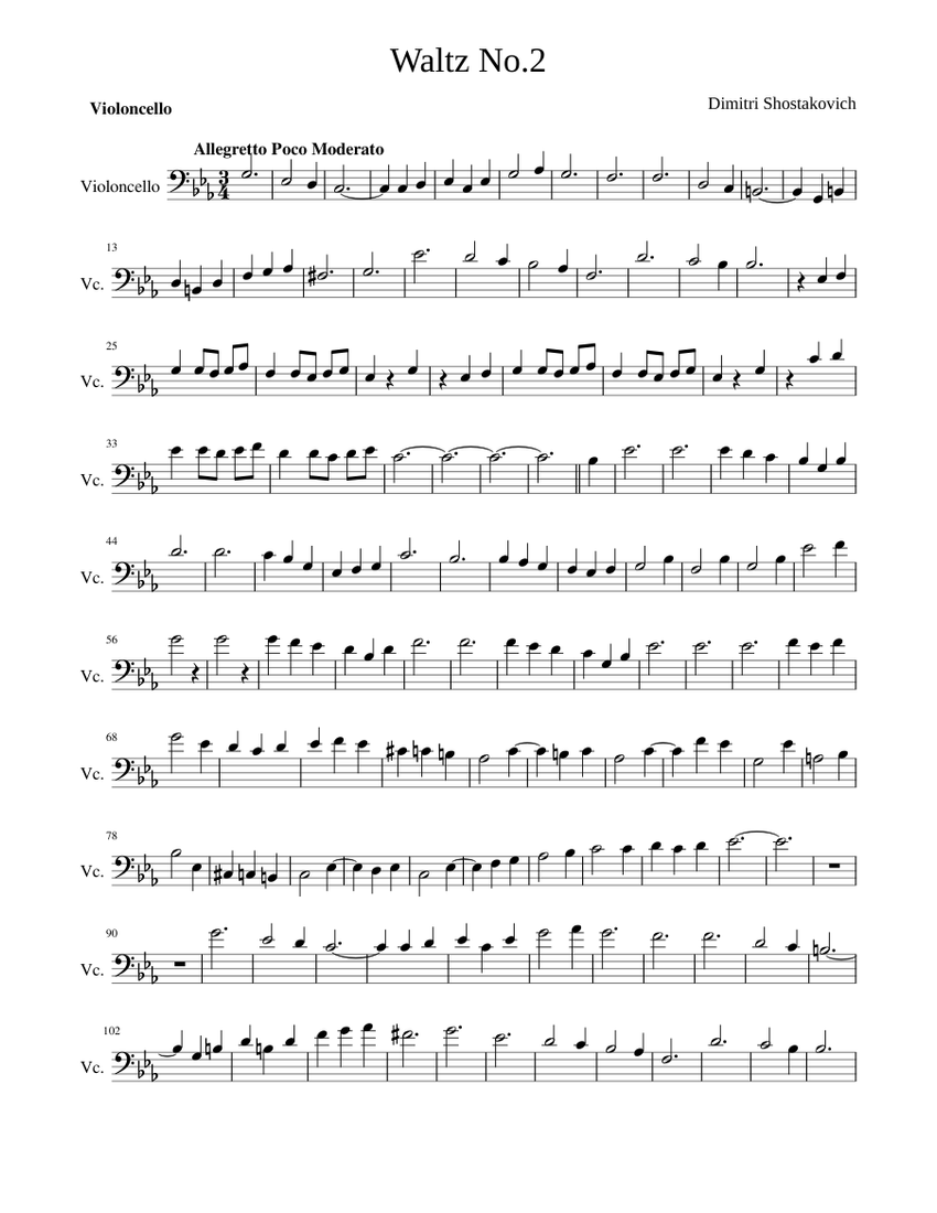 Shostakovich Waltz No 2 For Cello Solo Sheet Music For Violin Solo Musescore Com
