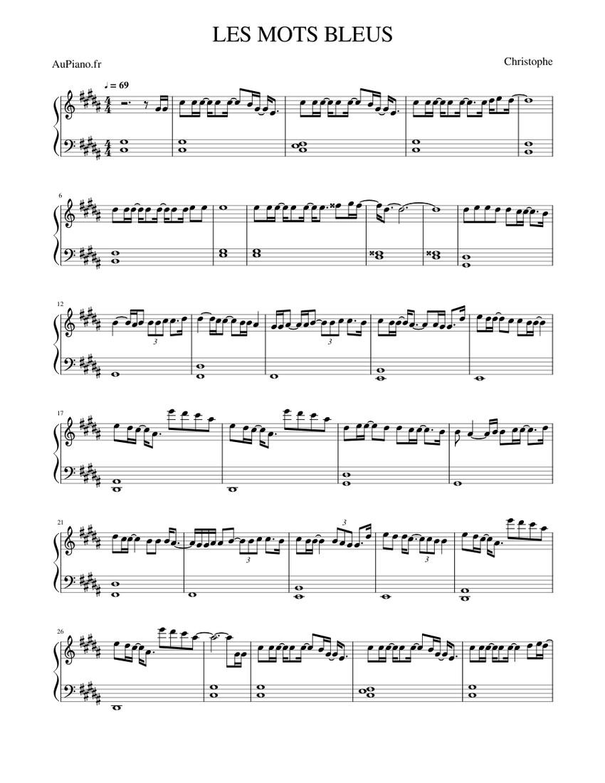 Les mots bleus - Christophe Sheet music for Piano (Solo) Easy |  Musescore.com