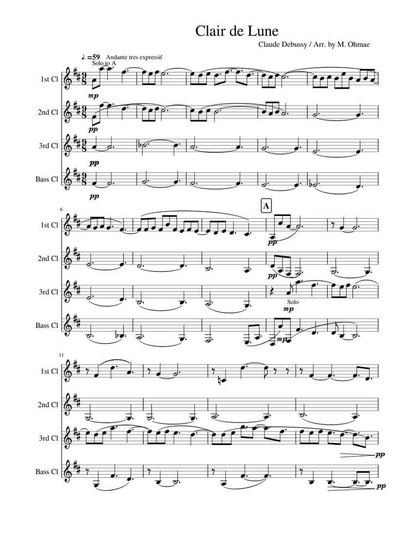 Clair De Lune Claude Debussy For Clarinet Quartet Sheet Music For Clarinet In B Flat Clarinet Bass Mixed Quintet Musescore Com