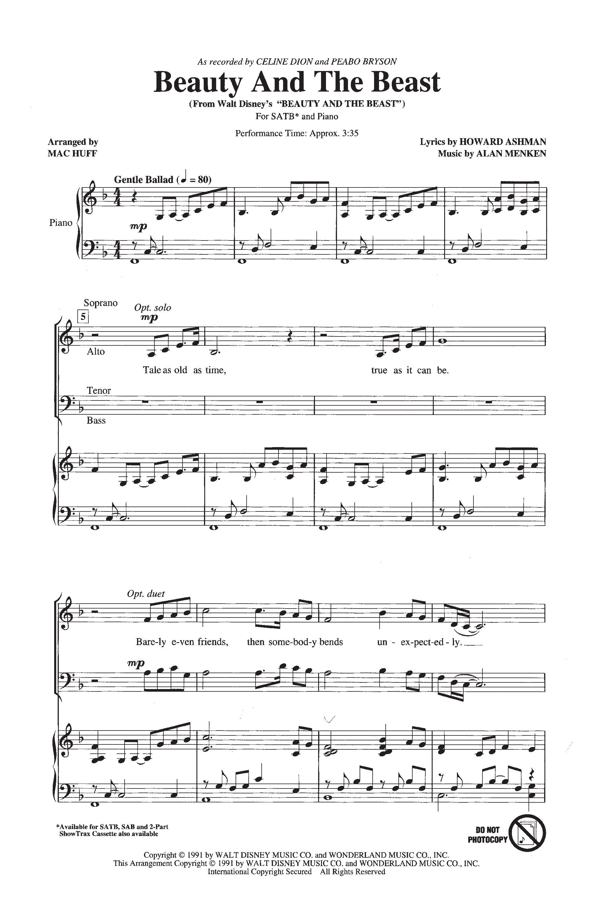 Play Official version of Beauty and the Beast Sheet Music by Alan