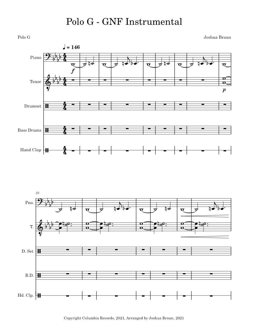 Polo G - GNF Instrumental Sheet music for Piano, Tenor, Drum group, Bass  drum & more instruments (Mixed Ensemble) | Musescore.com