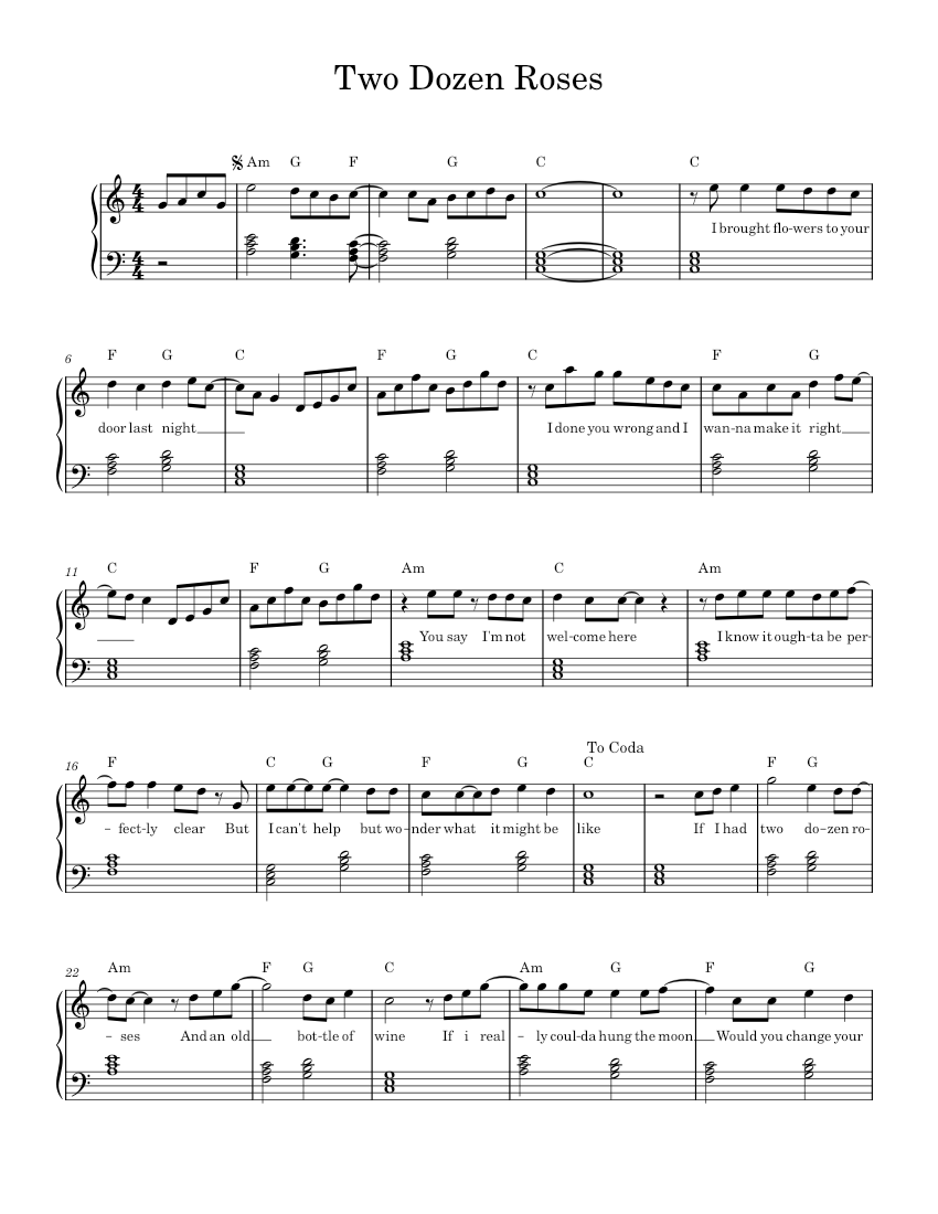 2ダースのバラ - シェナンドー (イージーピアノ) 楽譜 コード付き