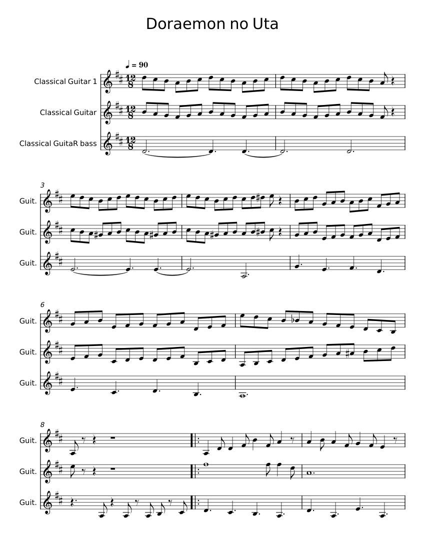 Doraemon no Uta Sheet Music for Guitar, Bass guitar (Mixed Trio ...