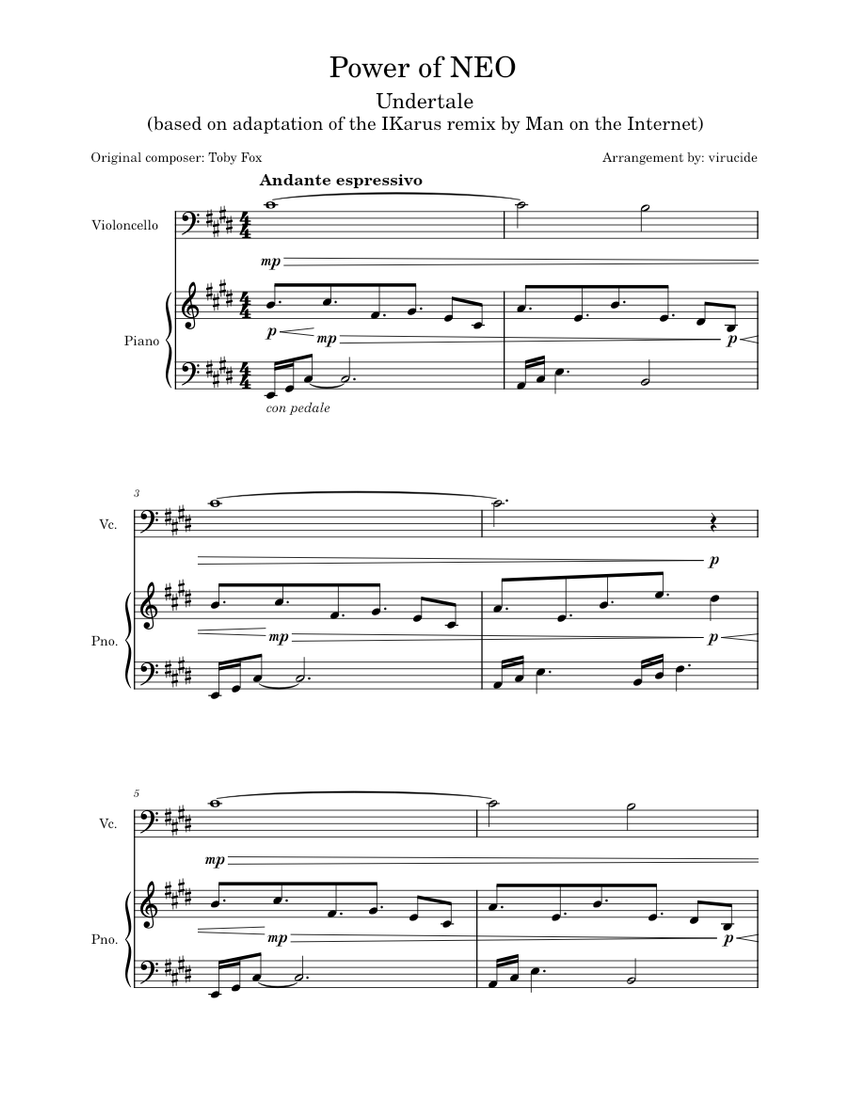 Power Of Neo Virucide Remix Toby Fox From Undertale Sheet Music For Cello Piano Mixed Duet Musescore Com