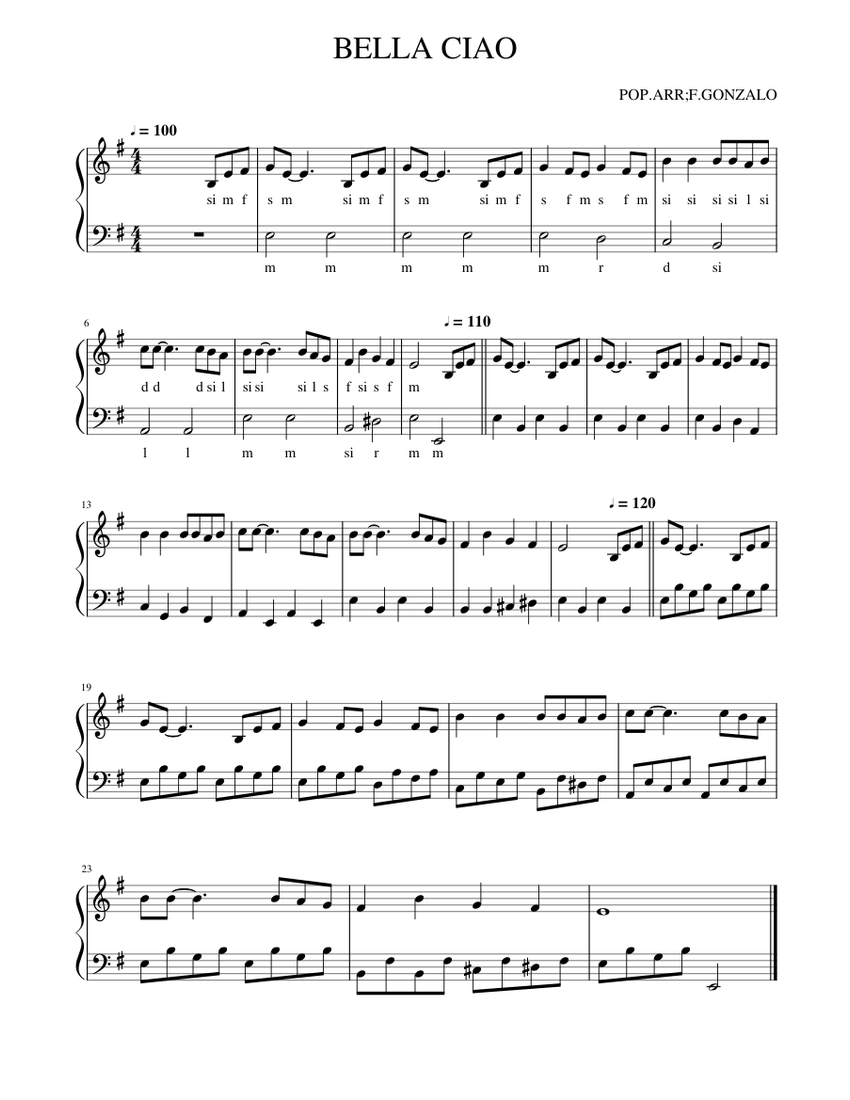 BELLA CIAO piano Sheet music for Piano (Solo) | Download and print in PDF  or MIDI free sheet music for bella ciao by Misc Traditional (folk ) |  Musescore.com