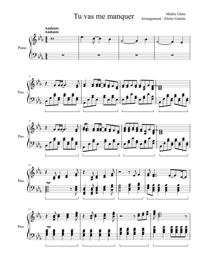 Tu vas me manquer-Maitre Gims Sheet music for Piano (Solo) | Musescore.com