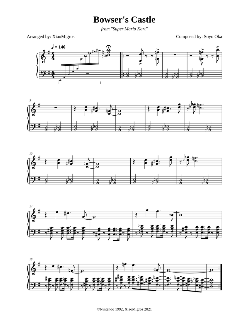 Bowser's Castle Super Mario Kart Sheet music for Piano (Solo) Easy