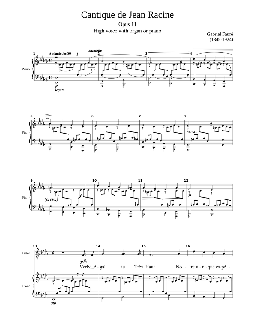 Gabriel Fauré - Cantique de Jean Racine Op.11- for high voice and piano  Sheet music for Piano, Tenor (Piano-Voice) | Musescore.com