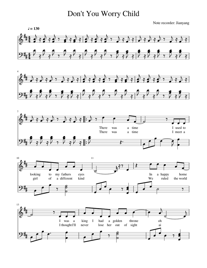 Don T You Worry Child Piano With Lyrics Sheet Music For Piano Solo Musescore Com