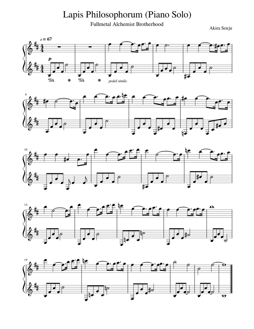 Fullmetal Alchemist Brotherhood Lapis Philosophorum Piano Solo Sheet Music For Piano Solo Musescore Com
