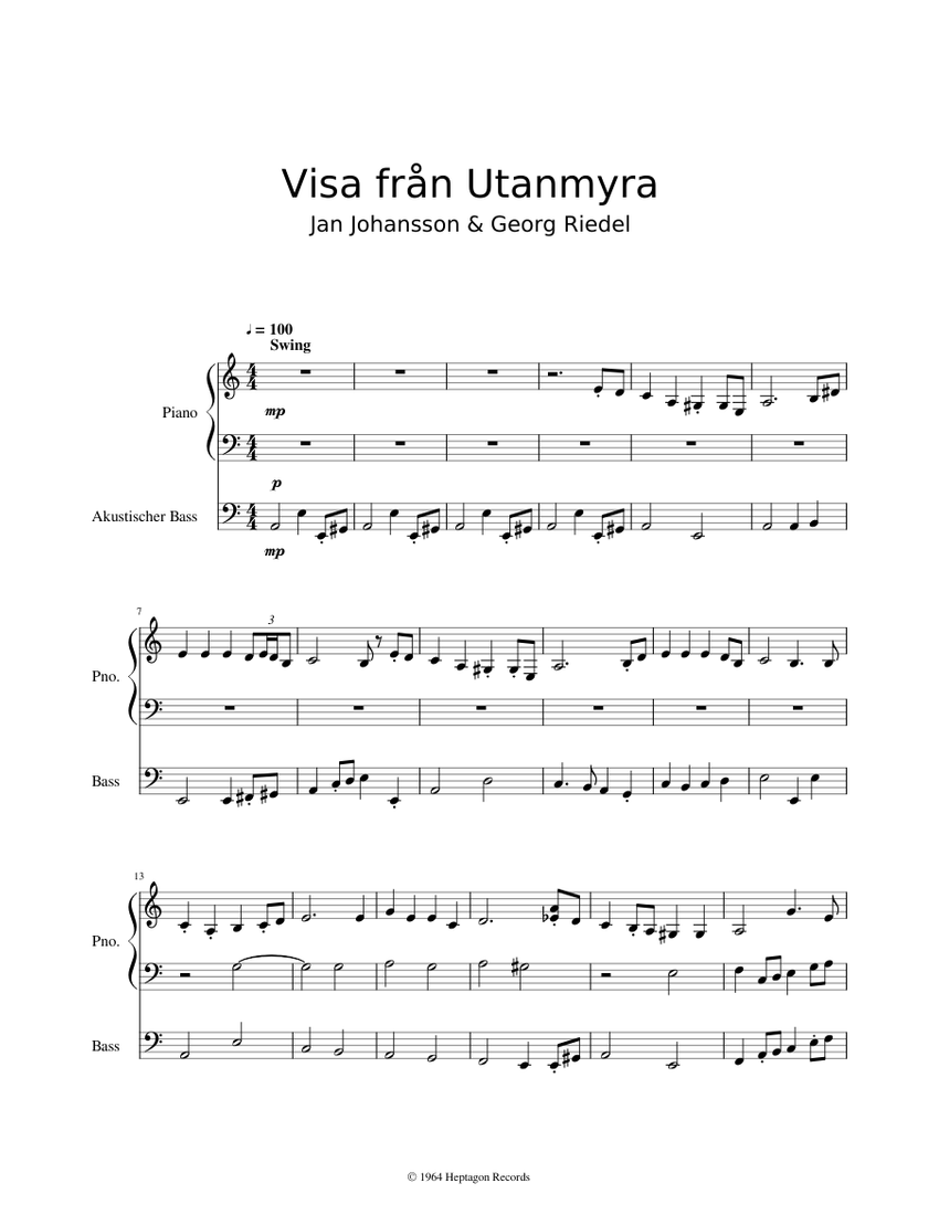 Visa från Utanmyra Sheet music for Piano, Bass (Mixed Duet) | Musescore.com