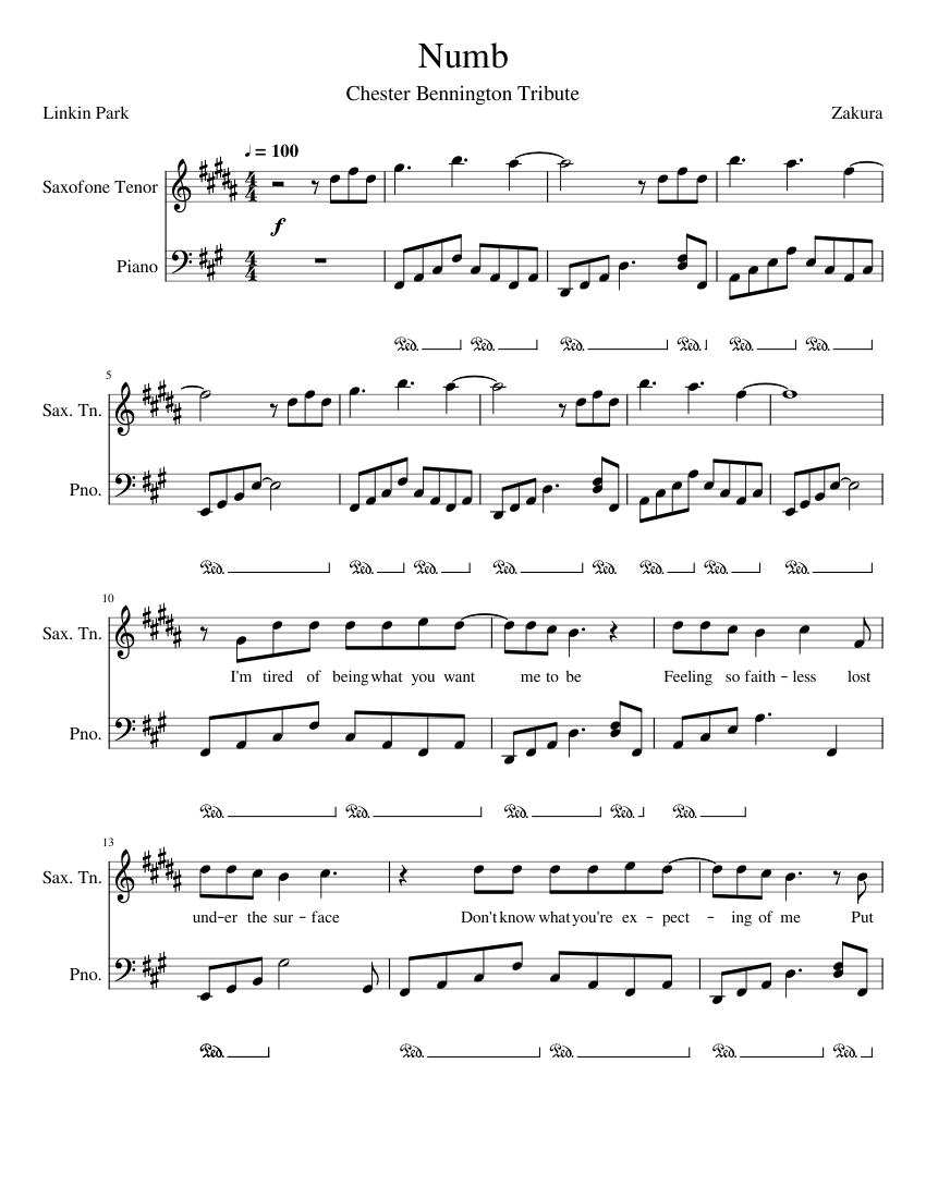 Linkin Park - Numb - Sax Tenor Sheet music for Piano, Saxophone tenor  (Solo) | Musescore.com