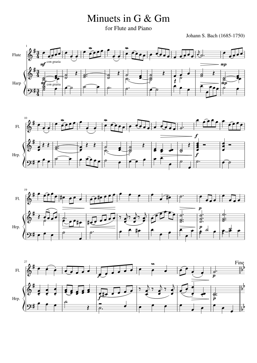 Bach - Minuets in G & Gm, for Flute and Piano Sheet music for Flute, Harp  (Mixed Duet) | Musescore.com