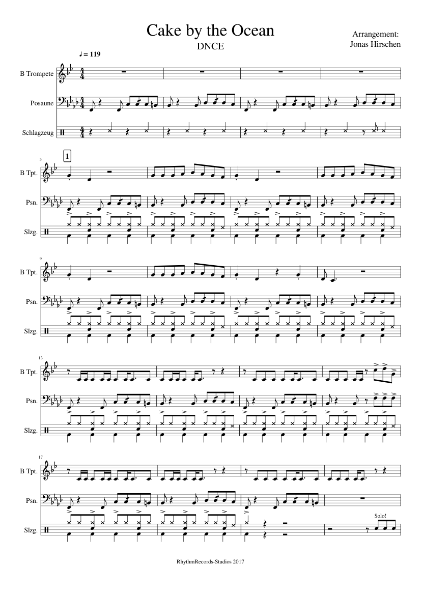 Cake by the Ocean - DNCE Sheet music for Trombone, Trumpet in b-flat, Drum  group (Mixed Trio) | Musescore.com