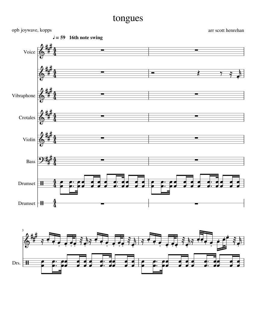 Tongues transcription Sheet music for Violin, Drum Group, Vocals, Bass