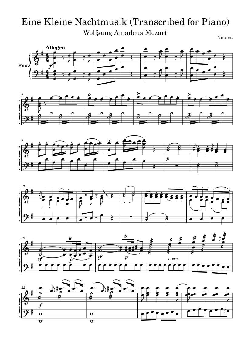 Mozart - Eine Kleine Nachtmusik (Transcribed for Piano) Sheet music for ...