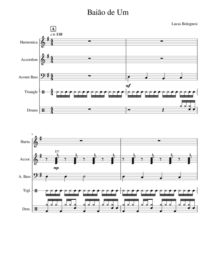 Baião de Um Sheet music for Accordion, Bass guitar, Drum group ...