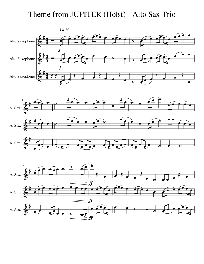 Theme from JUPITER (Holst) Alto Sax Trio Sheet music for Saxophone