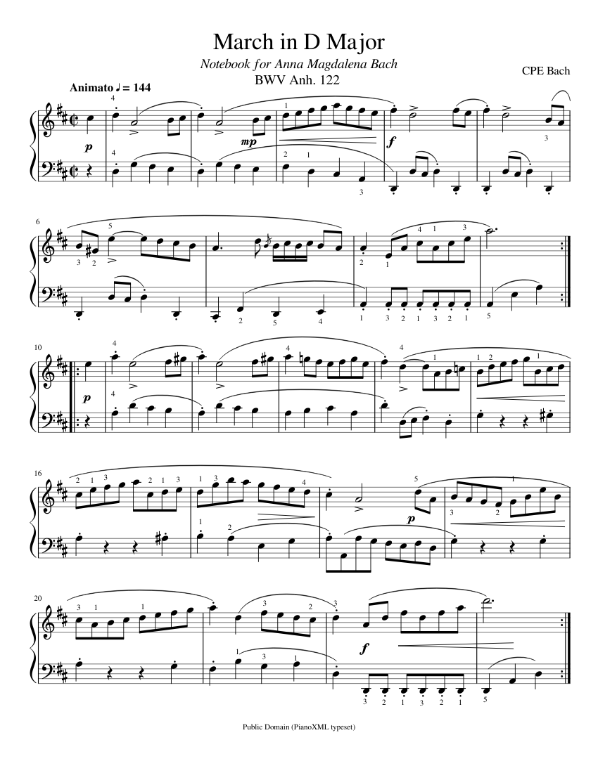 バッハ: ニ長調の行進曲 (BWV Anh. 122) 楽譜 ピアノ (ソロ) easy
