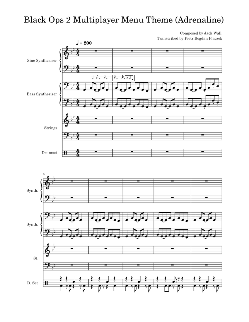 Black Ops 2 Multiplayer Menu Theme (Adrenaline) Sheet music for Bass  guitar, Drum group, Strings group, Synthesizer (Mixed Quartet) |  Musescore.com