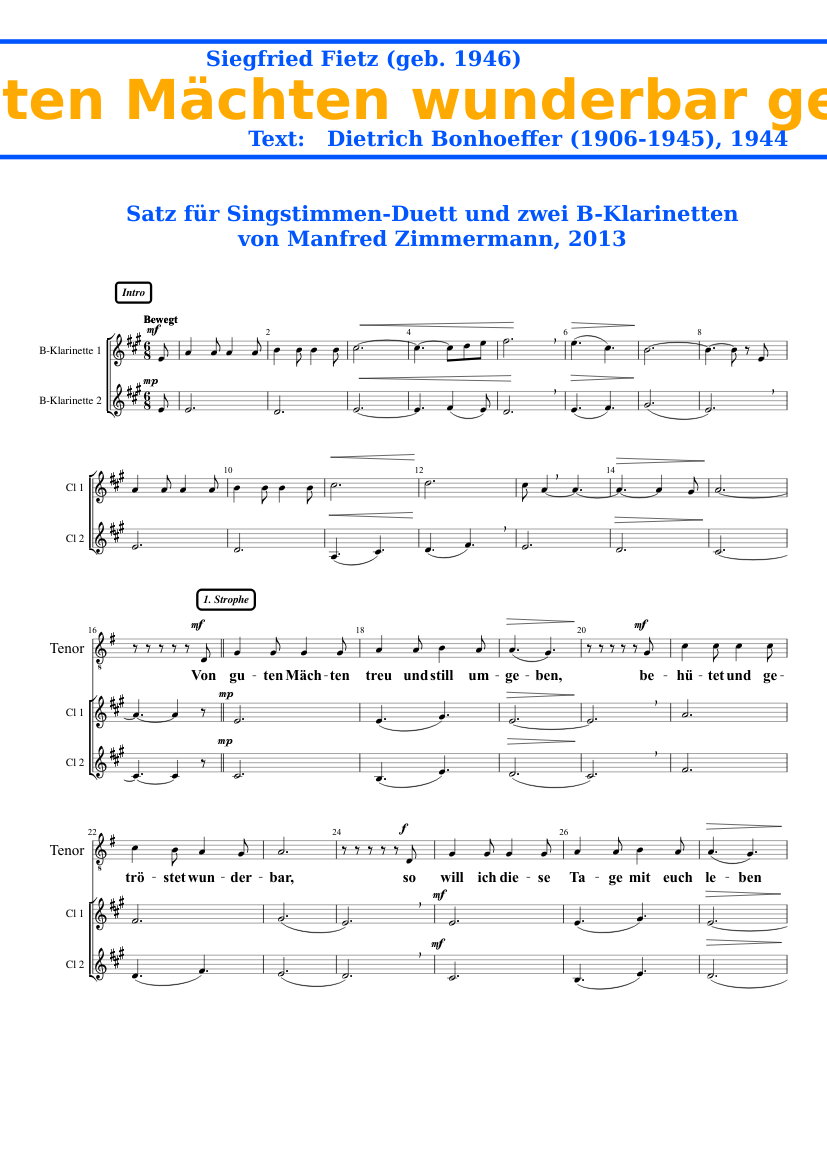 Von guten Mächten wunderbar geborgen Sheet music for Clarinet in b-flat  (Solo) | Musescore.com