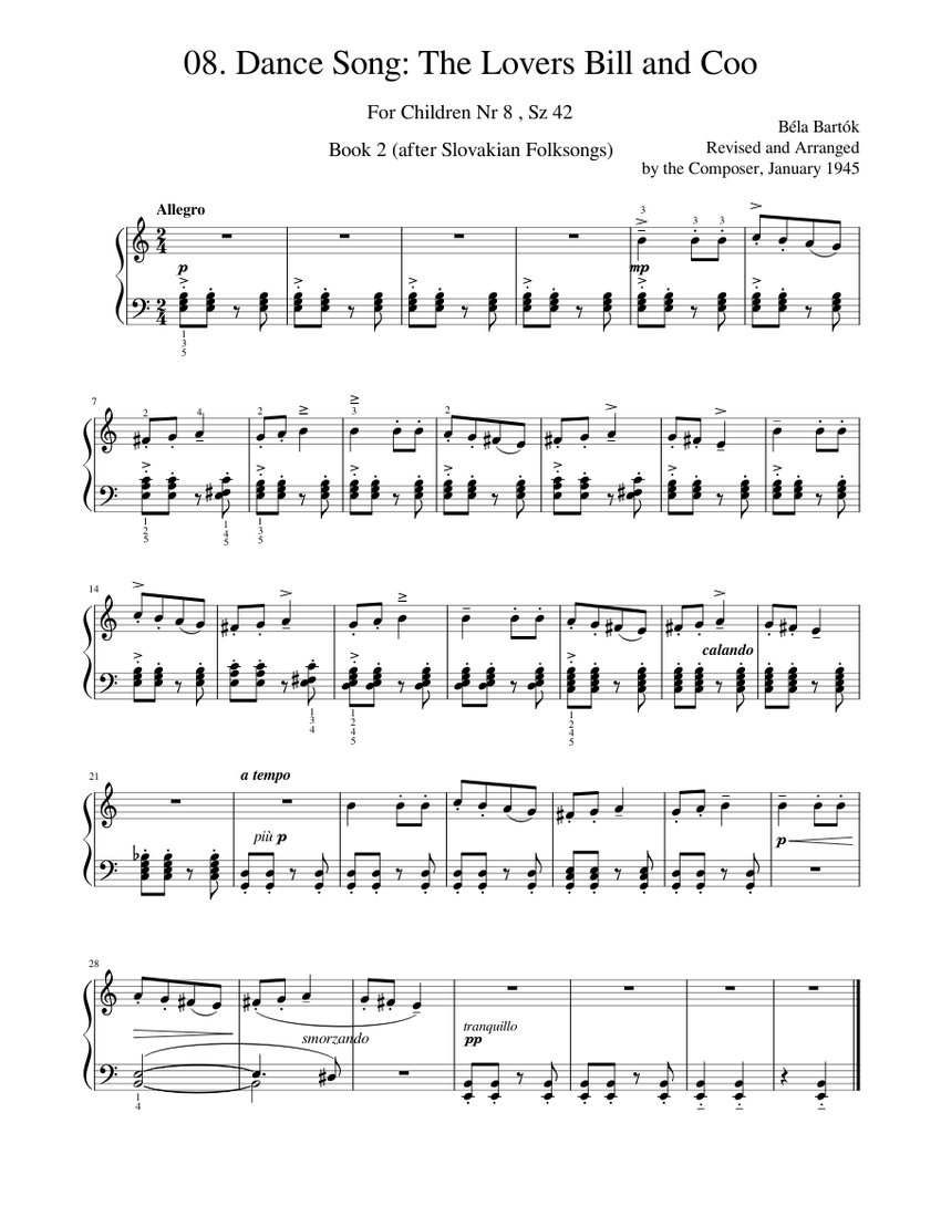Bartók, Béla, For Children, Book 2, 08. Dance Song:The Lovers Bill and Coo Sheet  music for Piano (Solo) | Musescore.com