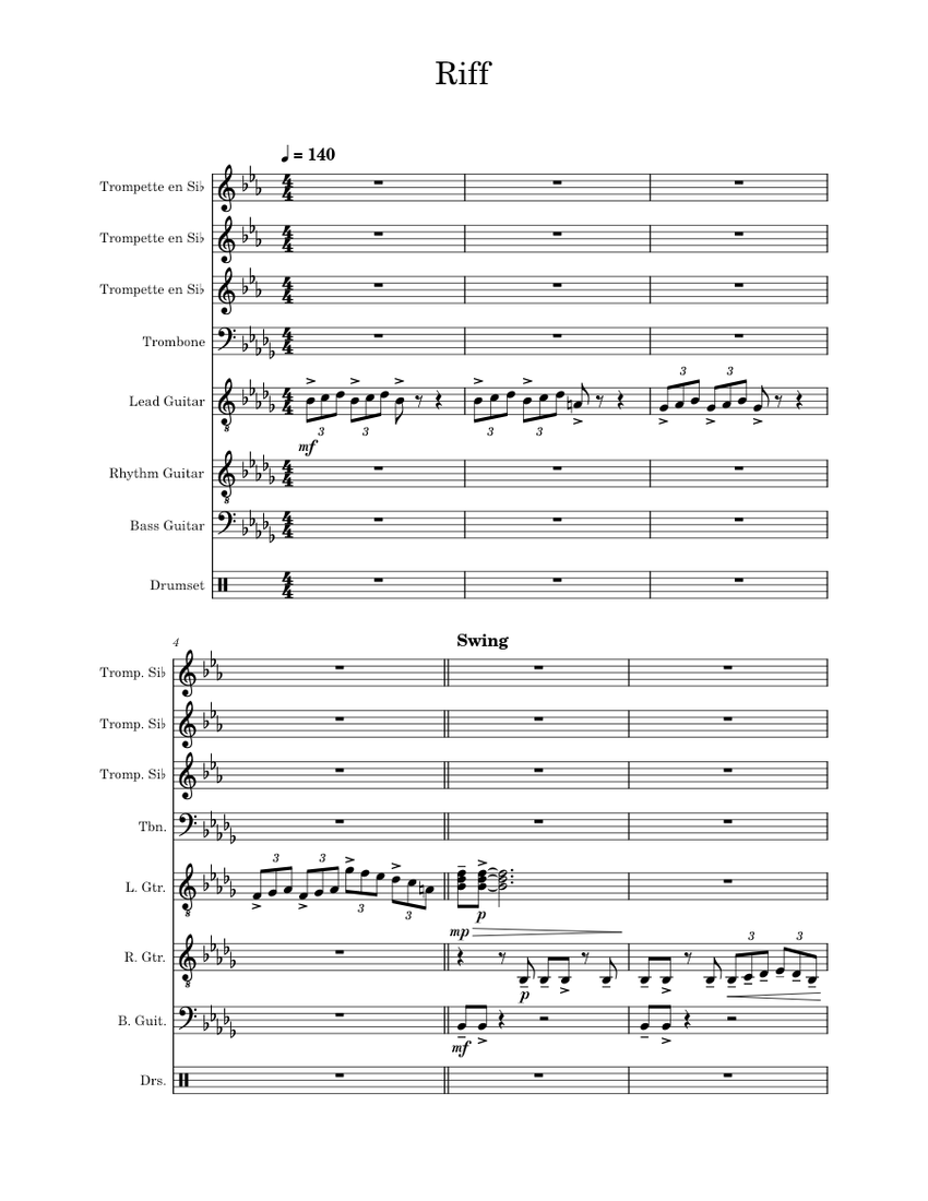 Riff Instruments Riff Sheet music for Trombone, Trumpet in b-flat, Guitar, Bass guitar ...