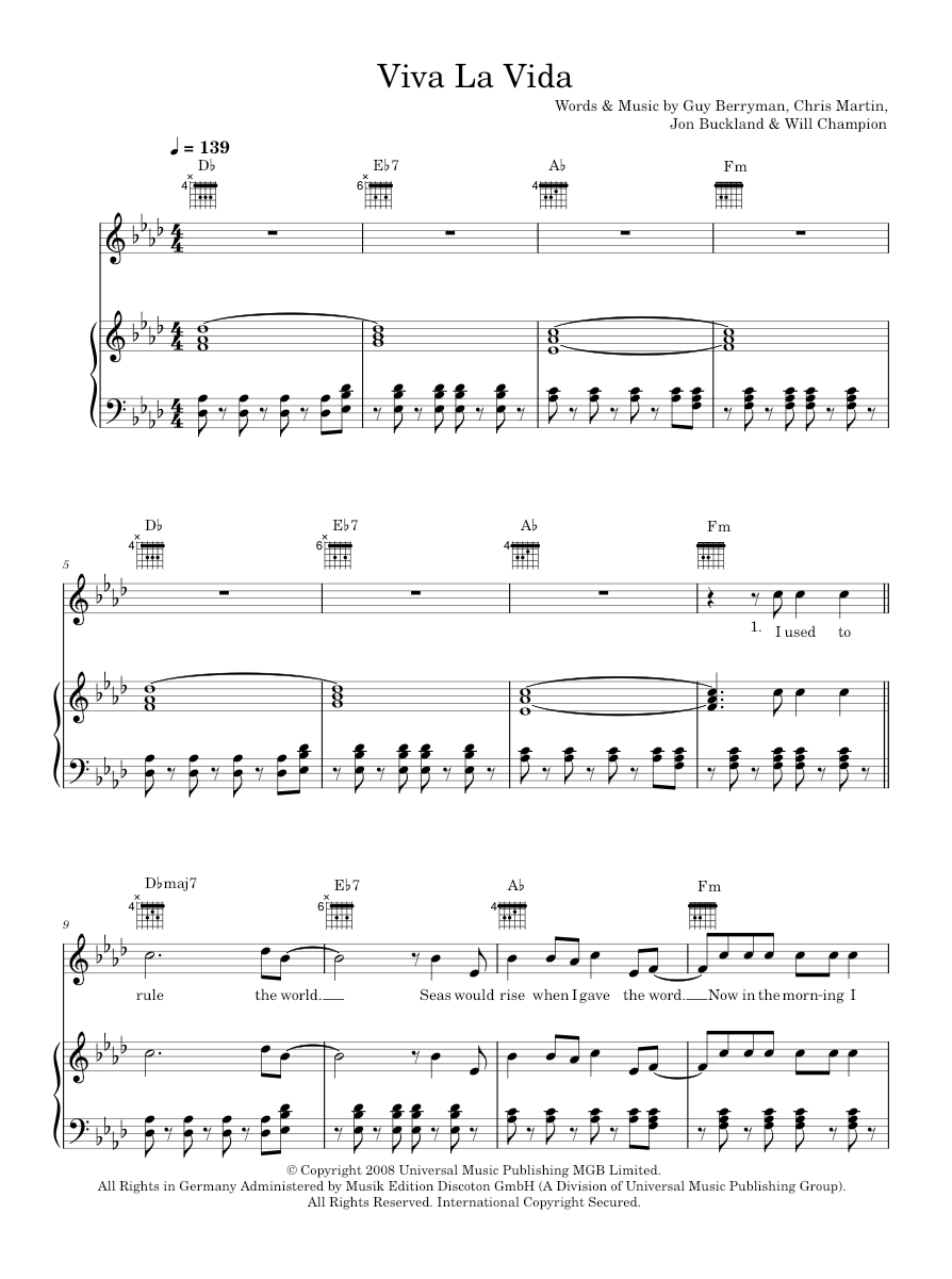 Play Official version of Viva la Vida sheet music by Coldplay for Piano ...
