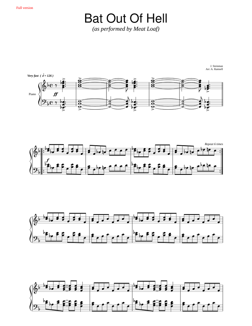 Bat Out Of Hell - Meat Loaf Sheet music for Piano (Piano-Voice-Guitar) |  Musescore.com