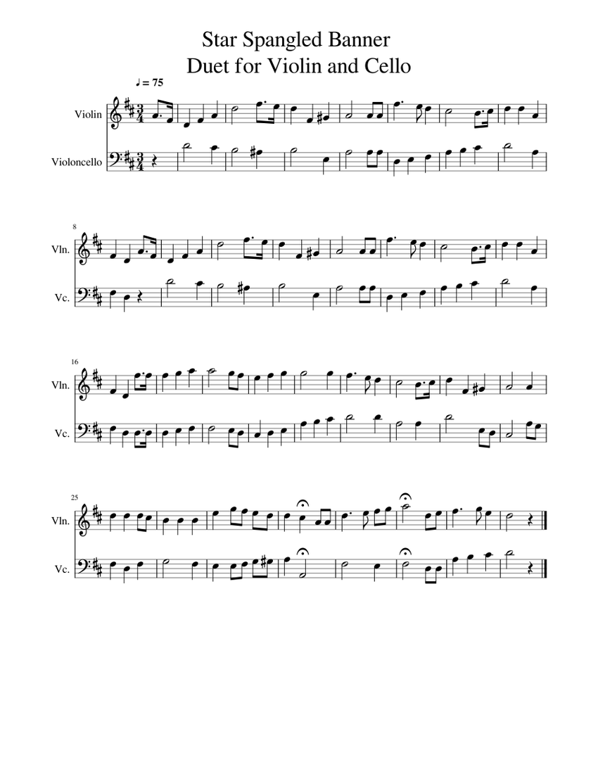 Star Spangled Banner Duet for Violin and Cello Sheet music for Violin