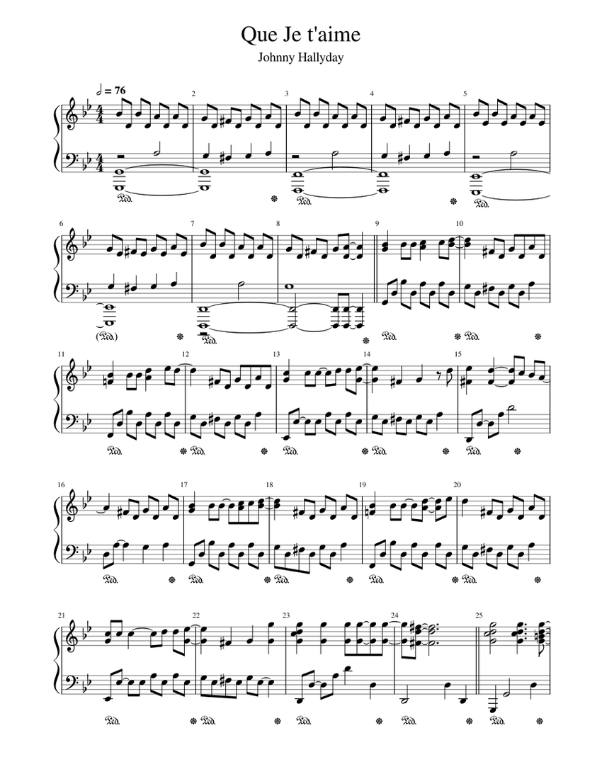 Johnny Hallyday - Que Je t'aime Sheet music for Piano (Solo) | Musescore.com